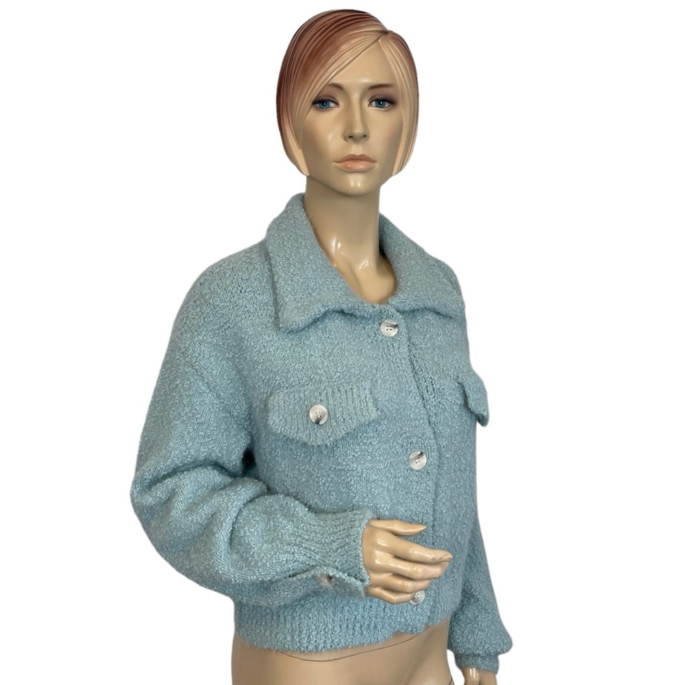 Mable Blue 'Ruthy' Fuzzy Blue Short Cardigan Sweater Medium - Picture 2 of 8